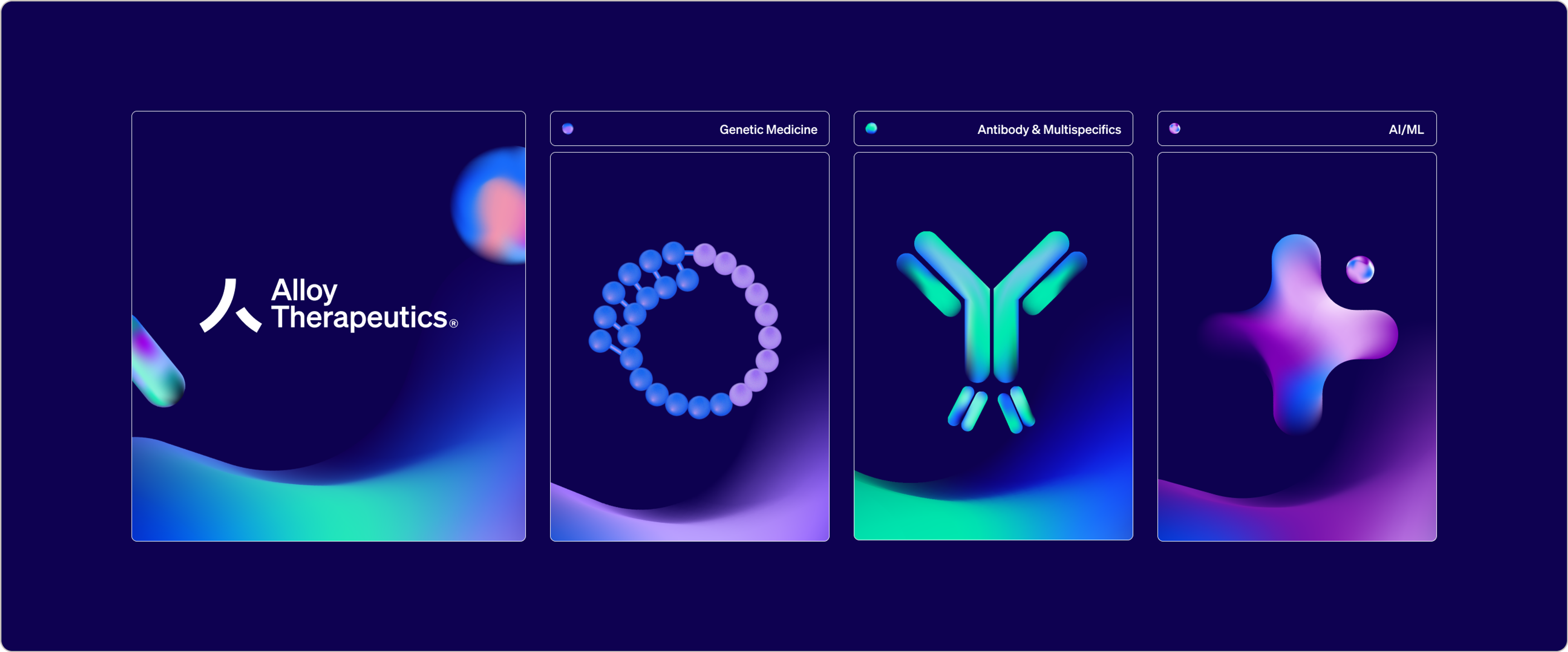 Alloy Therapeutics beside three of its division brands, each paired with the Alloy blue