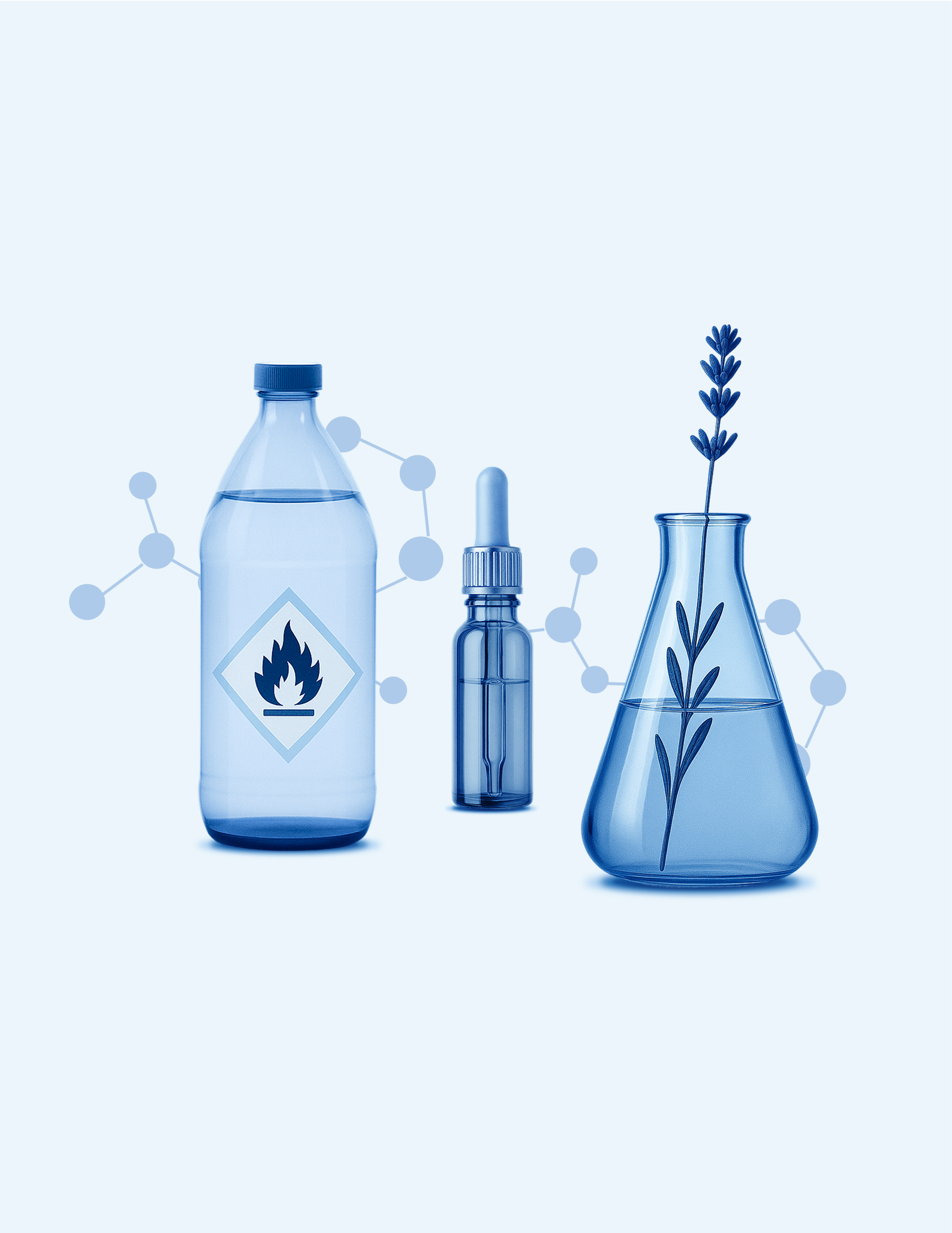 Branded scientific glassware illustrations with molecular structures in BrightSpec blue