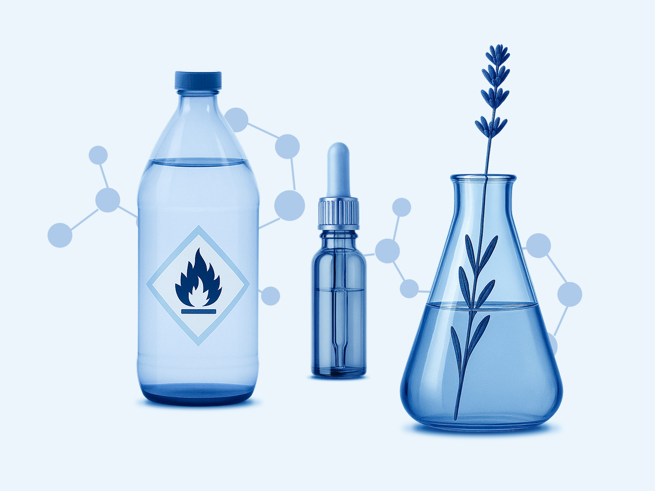 Branded scientific glassware illustrations with molecular structures in BrightSpec blue