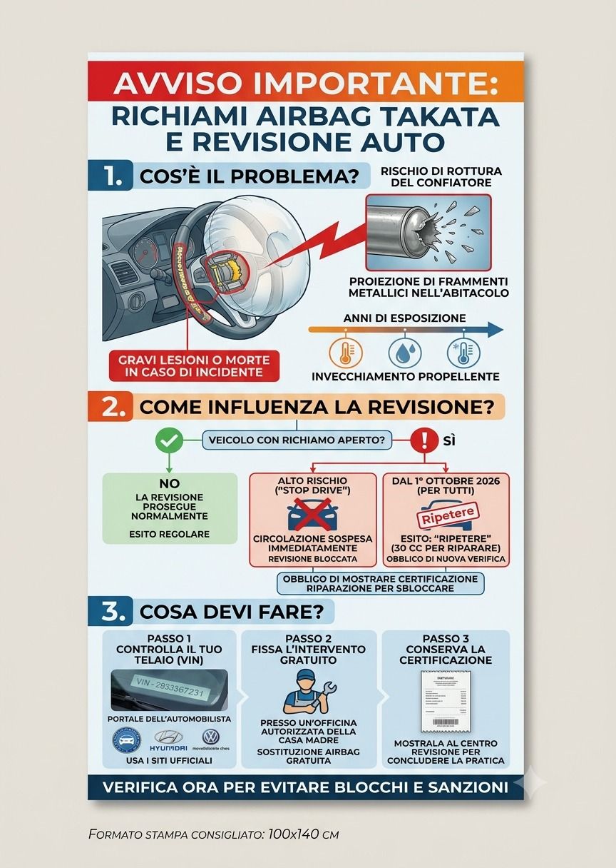 Airbag Takata, scatta la stretta: senza sostituzione la revisione non si passa