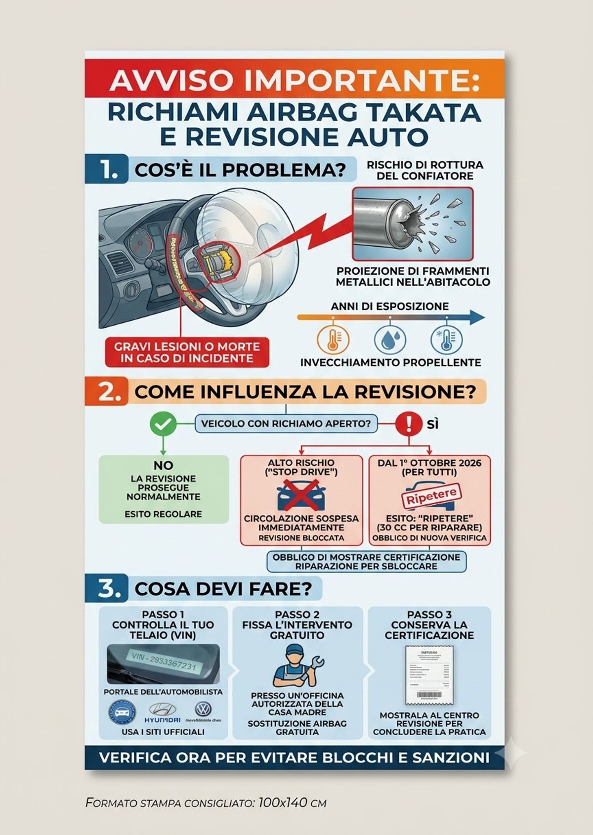 Airbag Takata, scatta la stretta: senza sostituzione la revisione non si passa