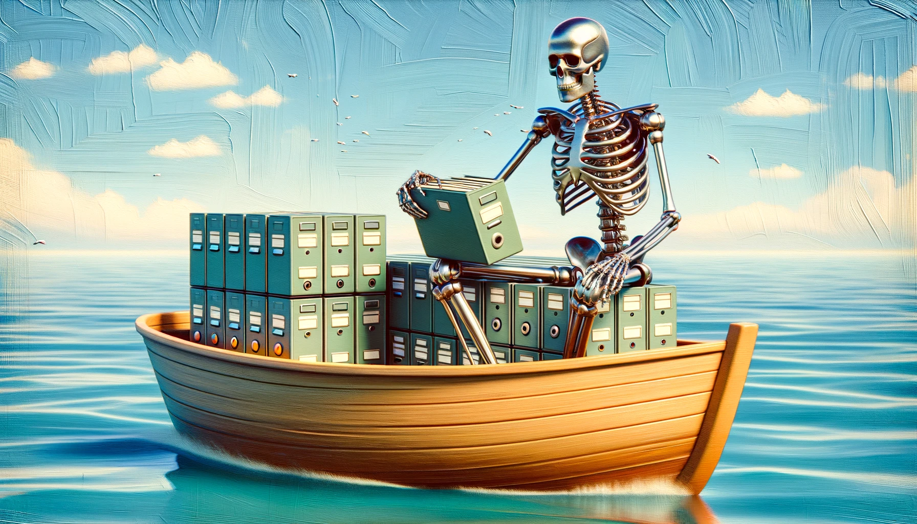 skelly sorting files on a boat