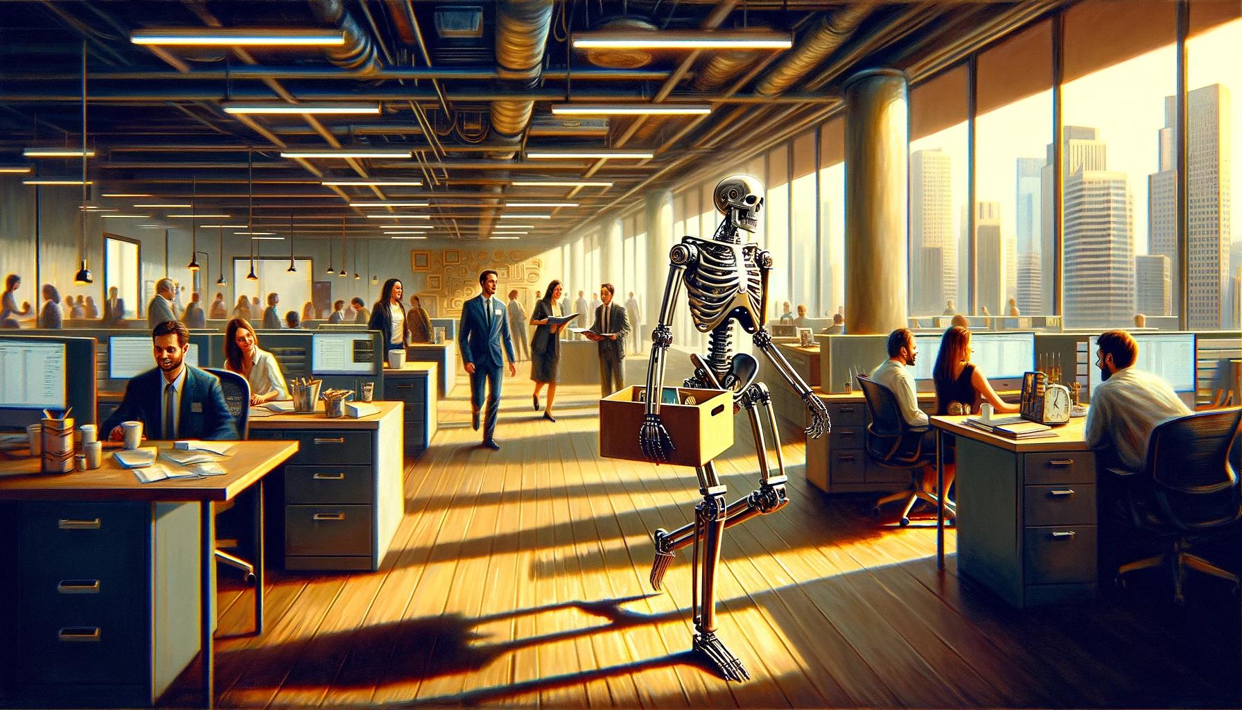 Skelly walking through an office