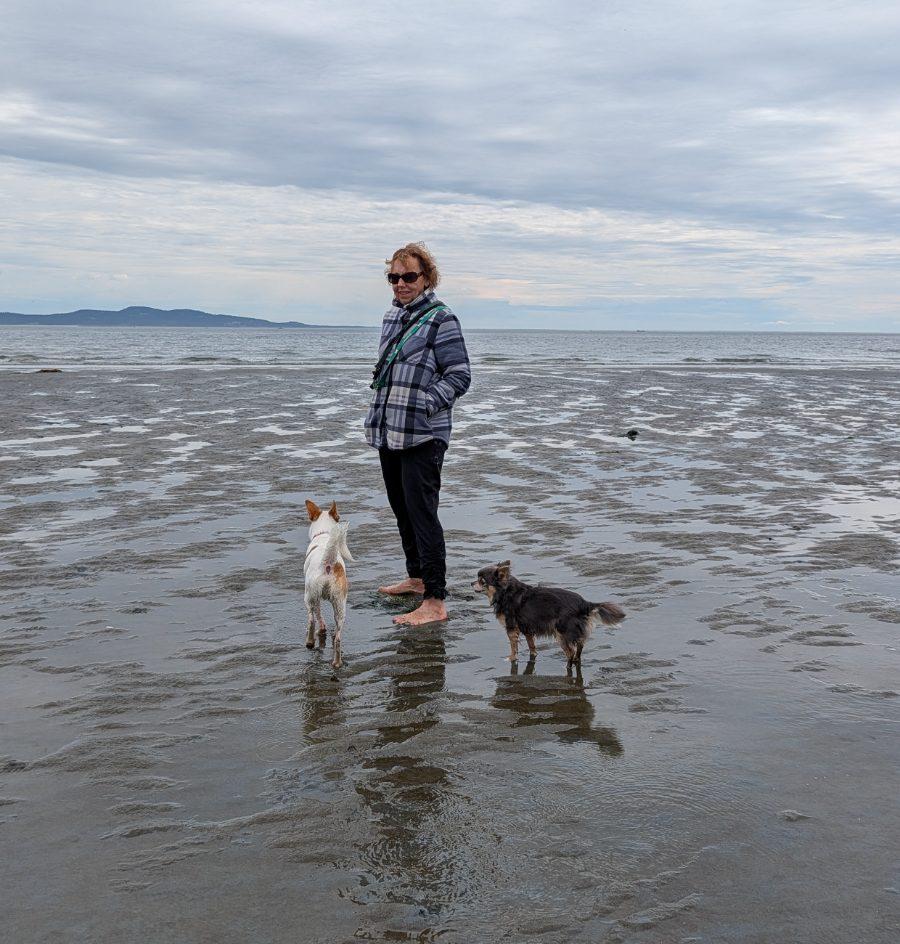 Me barefoot on the beach at low tide with two of our dogs