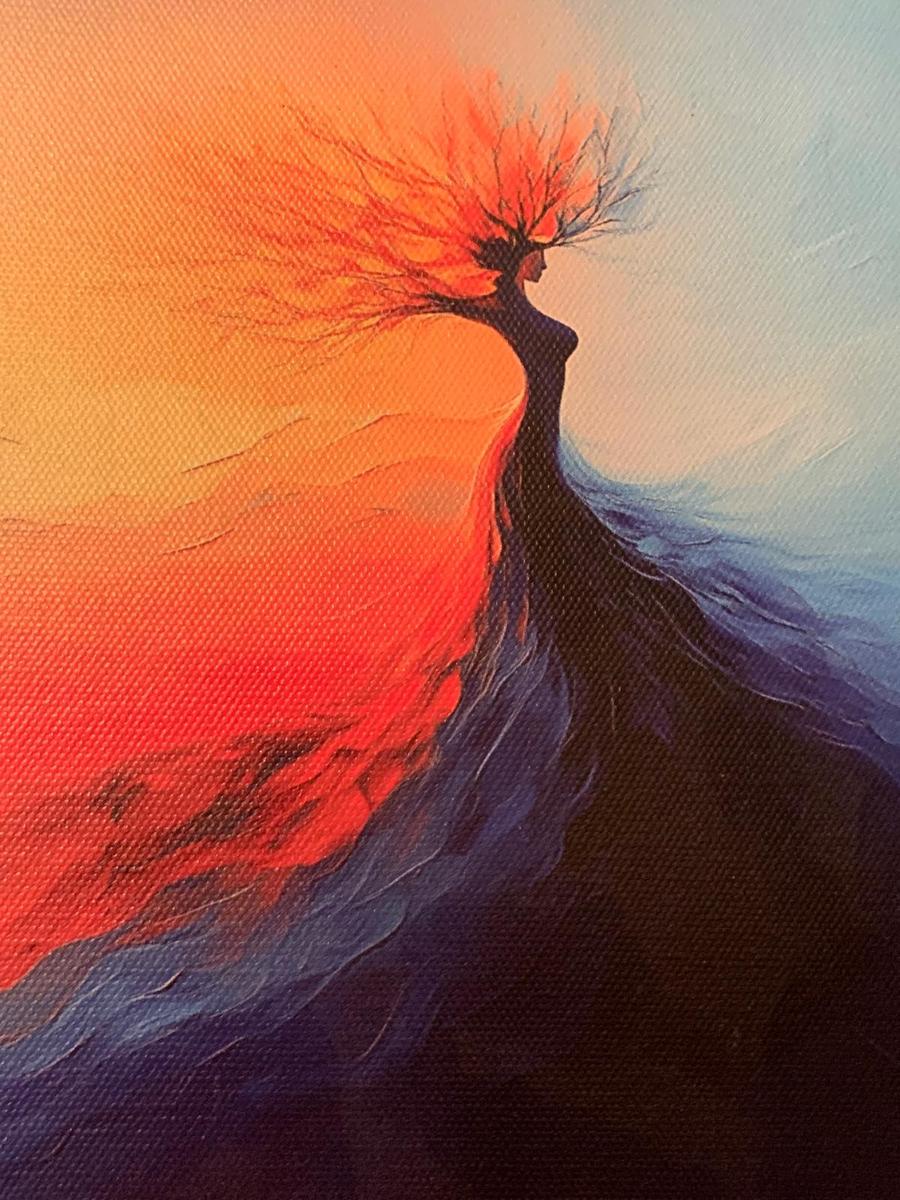 A painting of a woman whose hair becomes bare, glowing branches, set against an orange sky on one side and pale blue on the other, her gown flowing into deep blue