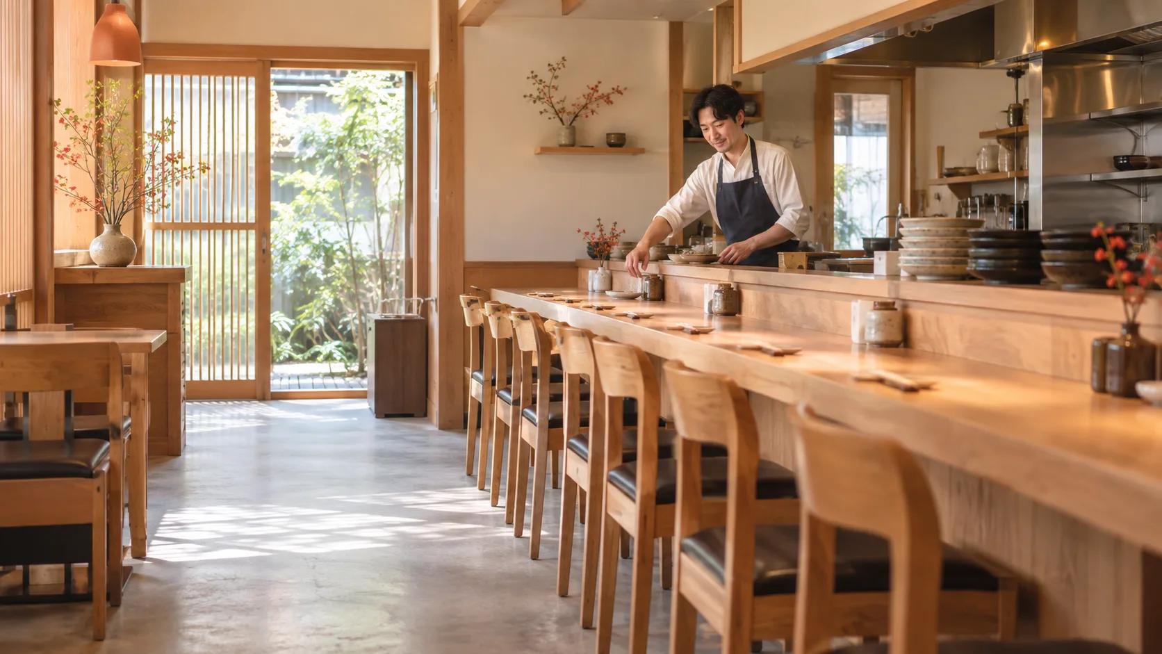 営業前の小さな飲食店で、店主がカウンターを整える場面（生成イメージ）