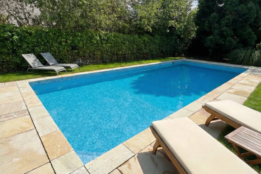 Rectangular swimming pool with paving and sun loungers in a back garden