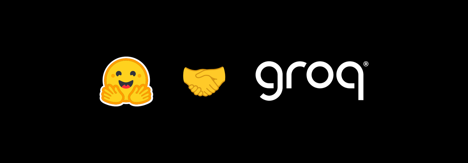 Hugging Face logo, handshake emoji, and groq logo