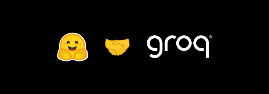 Hugging Face logo, handshake emoji, and groq logo