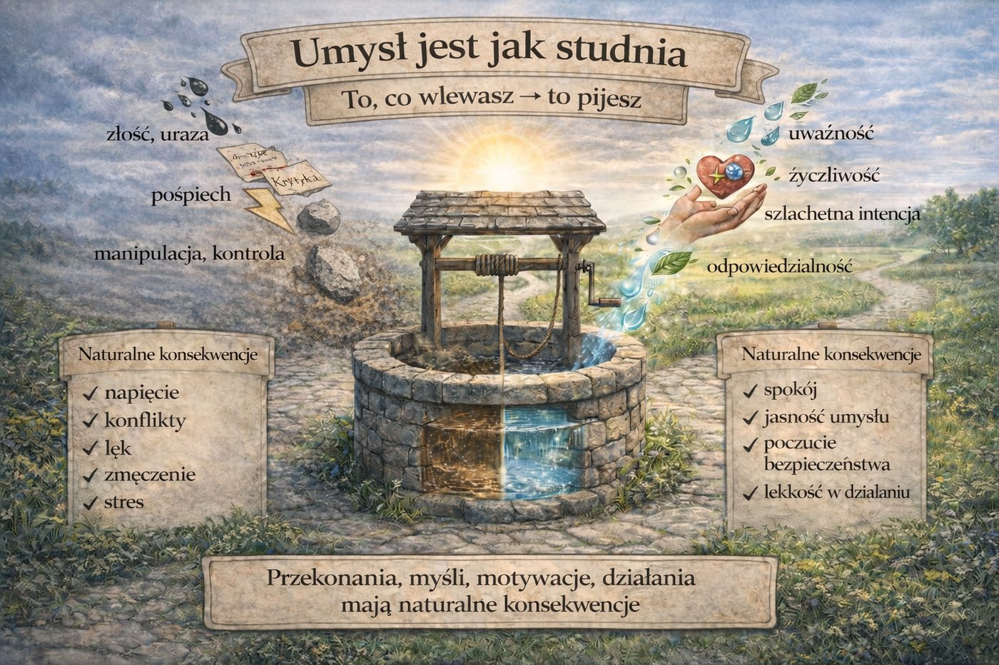 studnia, zanieczyszczona woda, czysta klarowna woda, umysł, karma, napięcie, stres, manipulacja, lęk, zmęczenie, złość, uraza, pośpiech, manipulacja, kontrola, spokój, jasność umysłu, lekkość, bezpieczeństwo, uważność, życzliwość, szlachetność, intencja, odpowiedzialność, przekonania, myśli, motywacje, działania, naturalne konsekwencje