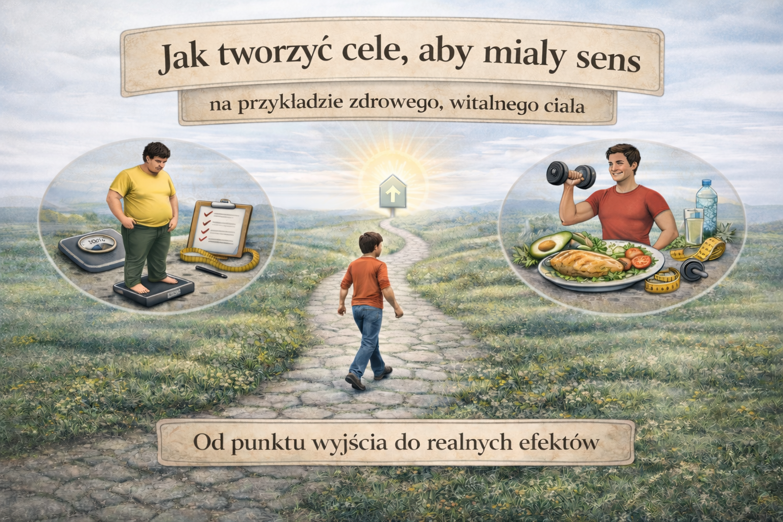 cel, droga, zdrowe, witalne ciało, otyłość, bezsilność, łąka, droga, proces,