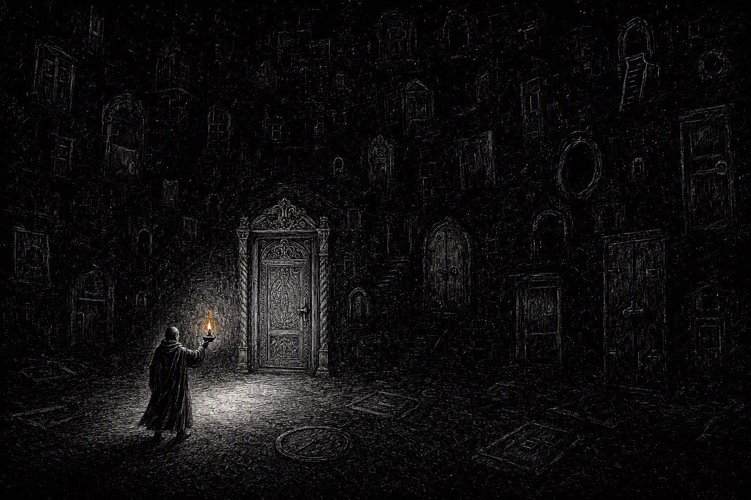 A cloaked figure raises an oil lamp in a dark hall