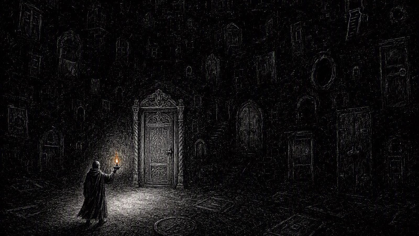 A cloaked figure raises an oil lamp in a dark hall