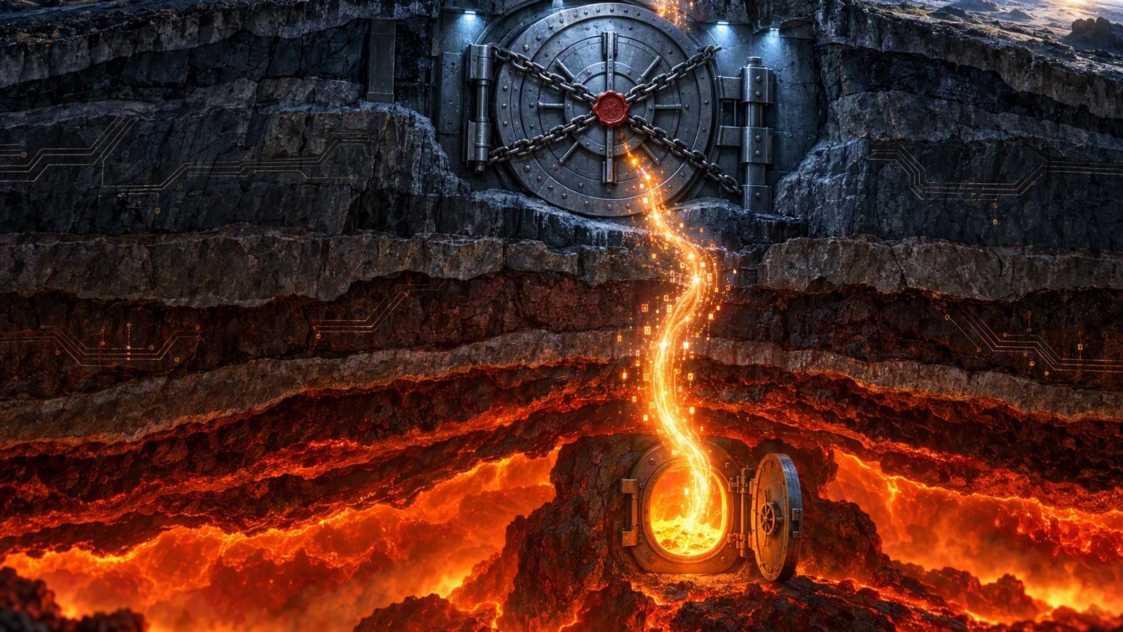 Cutaway of the earth: a chained, sealed bank vault in the upper bedrock, while a small open hatch in the molten mantle below lets a stream of glowing data escape past it.