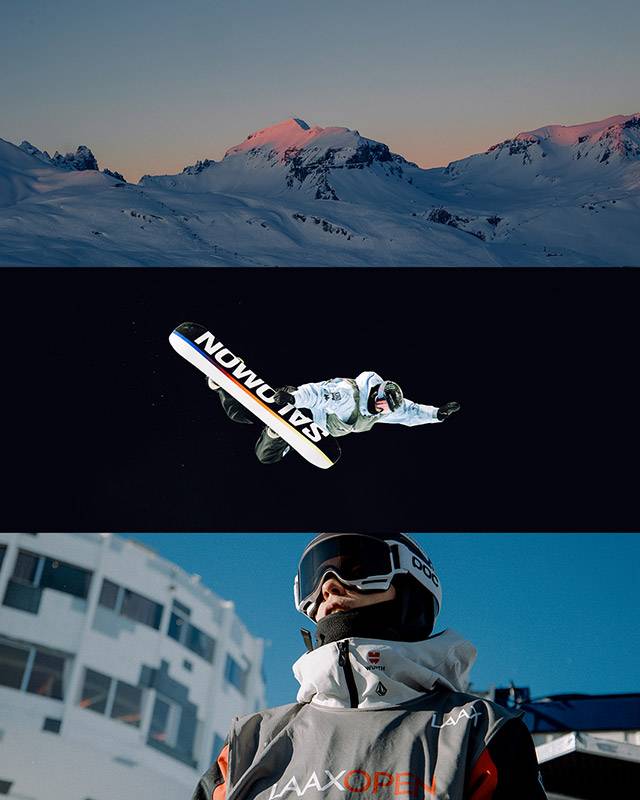 Dreiteilige Collage: Berggipfel im Abendlicht, Snowboarder im Sprung bei Nacht, Fahrer mit Helm und Brille