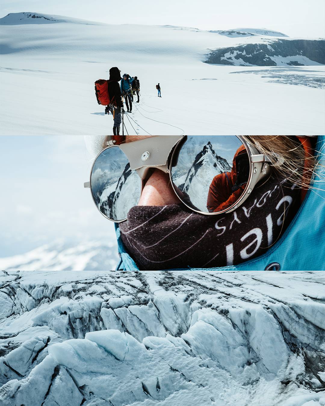 Three-part collage: a roped party on a glacier, a close-up of glacier goggles reflecting a summit, crevassed glacier ice