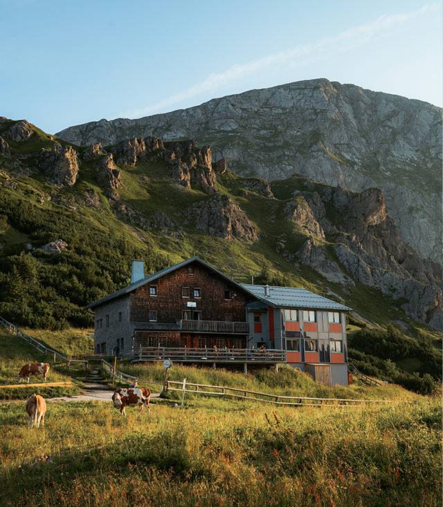 Mountain hut with cows grazing in front of it, rock faces behind