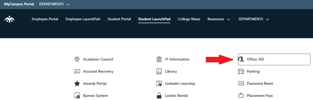Department portal page with a red arrow pointing to the outlined Office 365 link among a list of services.