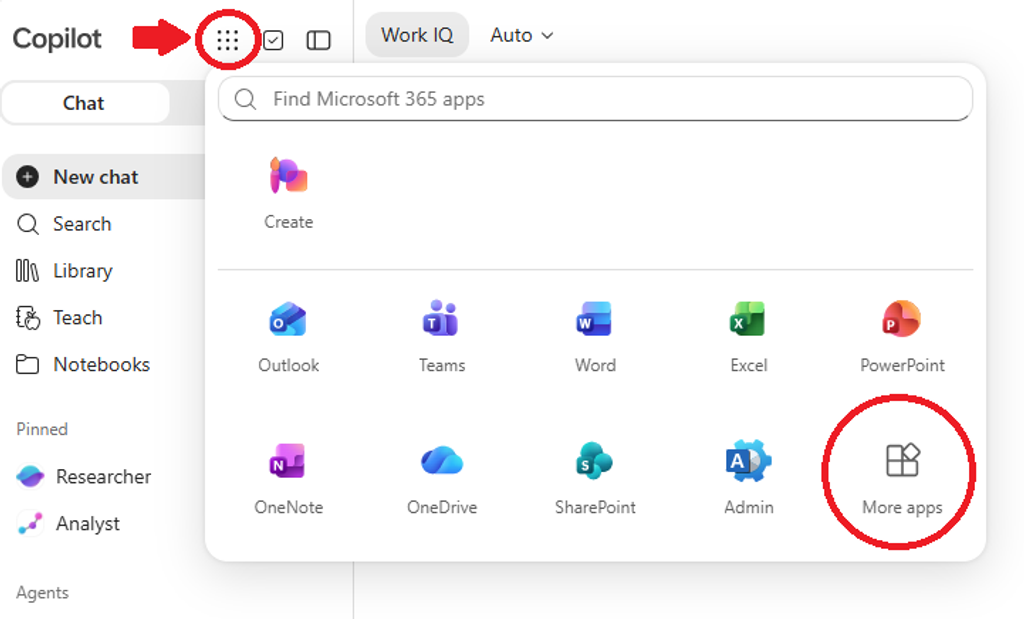 Microsoft 365 Copilot app menu with a search bar and app icons; red arrows and circles highlight the app launcher and More apps.