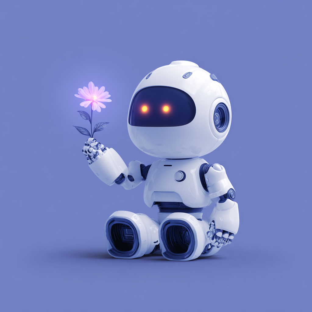 Cartoon robot holding a glowing flower against a light blue background