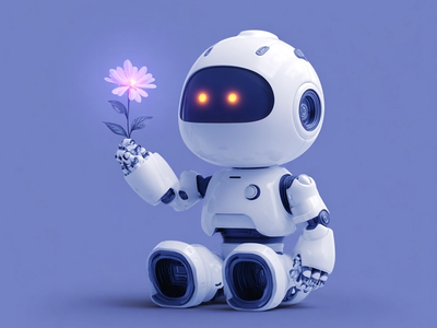 Cartoon robot holding a glowing flower against a light blue background