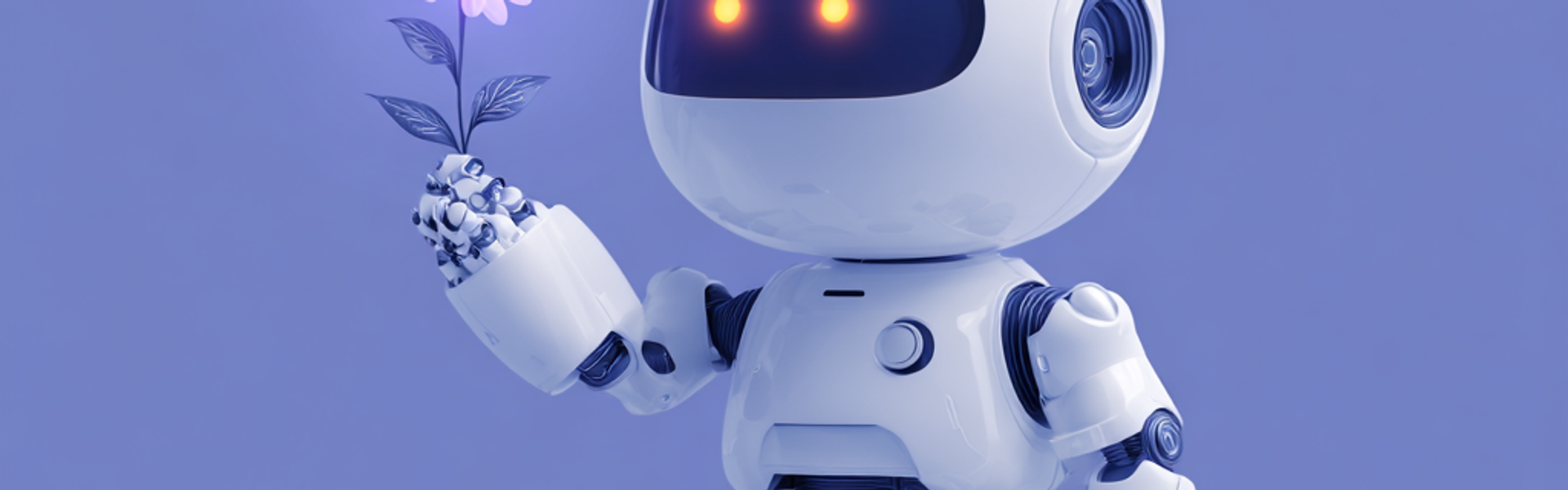 Cartoon robot holding a glowing flower against a light blue background