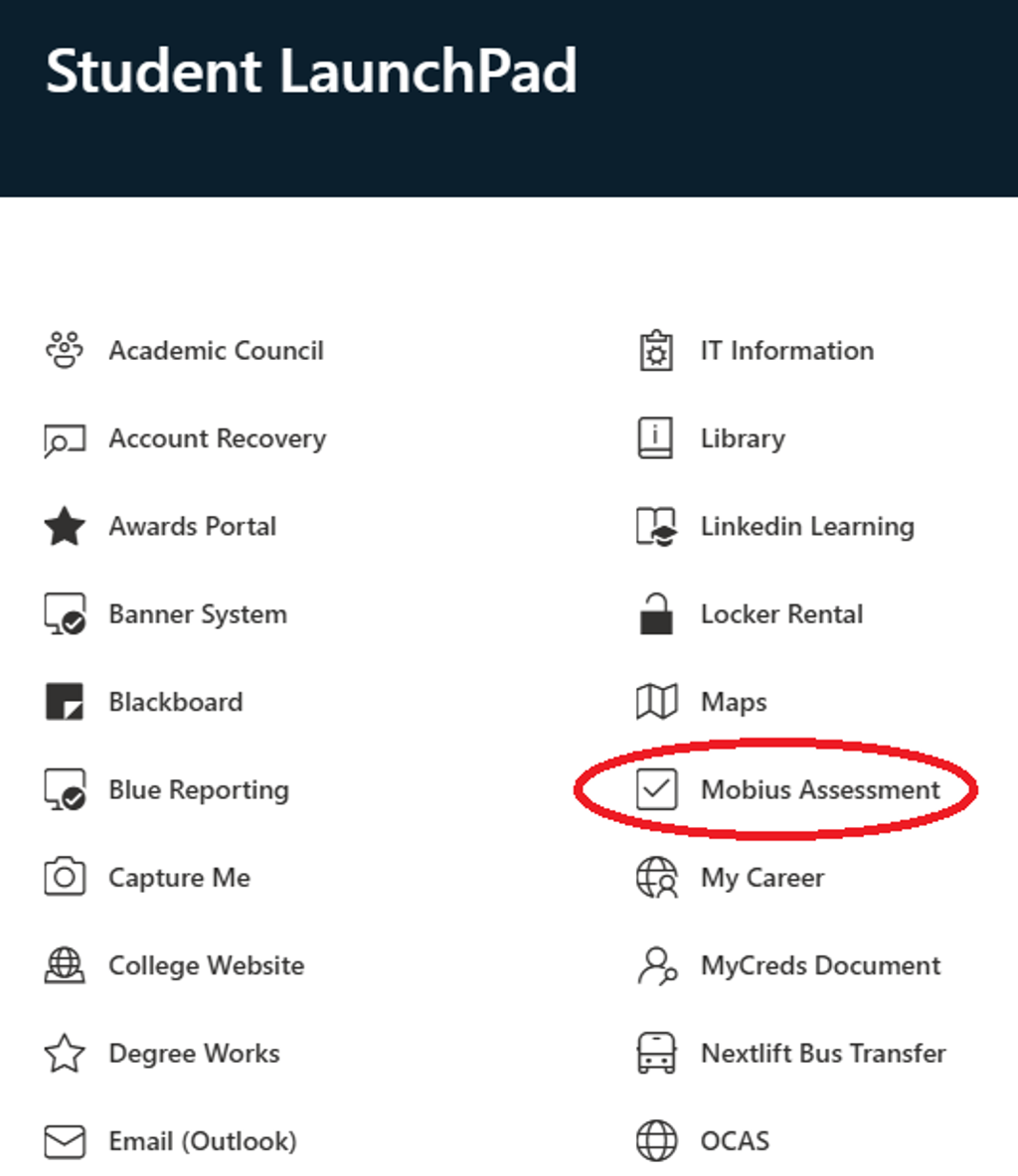 Launchpad menu with Mobius Assessment selected