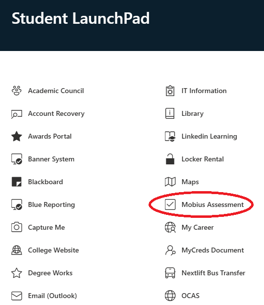Launchpad menu with Mobius Assessment selected