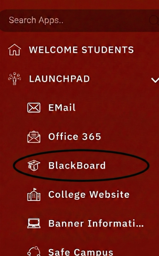 Student portal navigation menu with BlackBoard highlighted