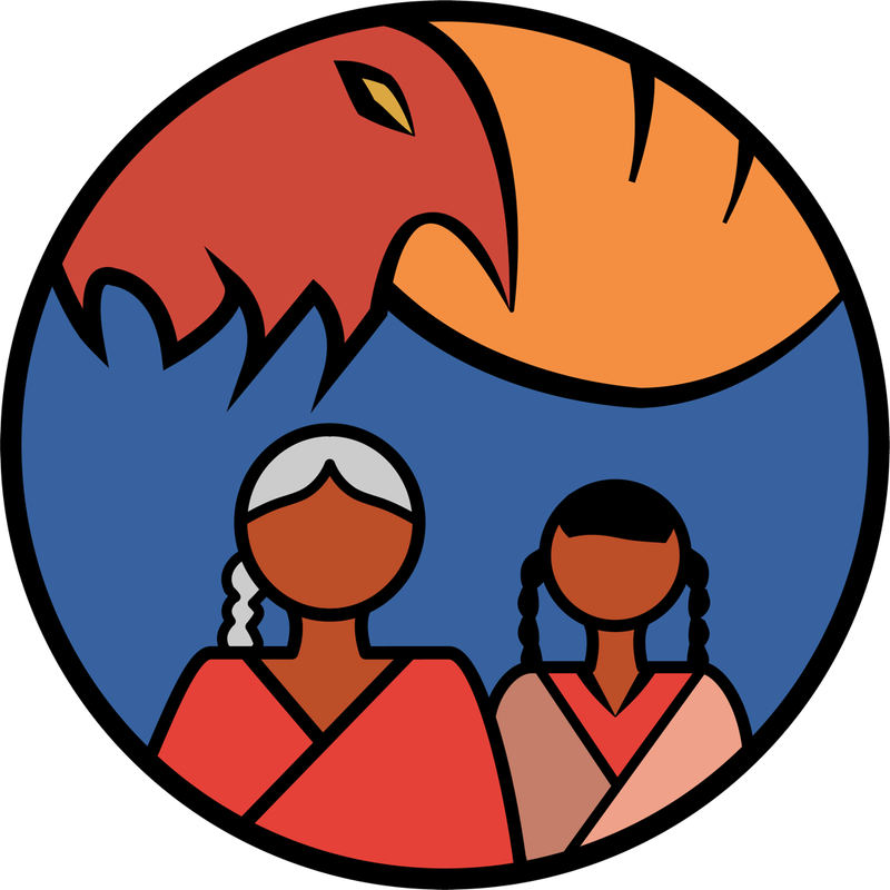 Illustration of two people with braided hair beneath a large orange and red bird, against a blue circular background.