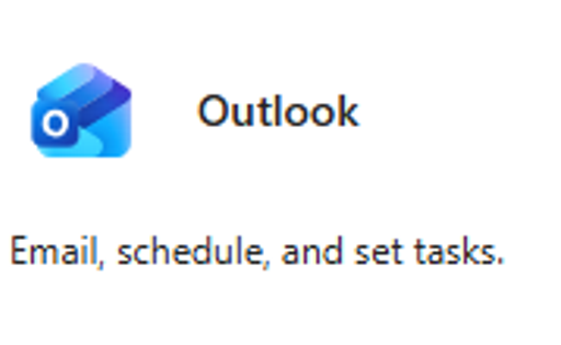 Outlook app tile showing email, scheduling, and task features