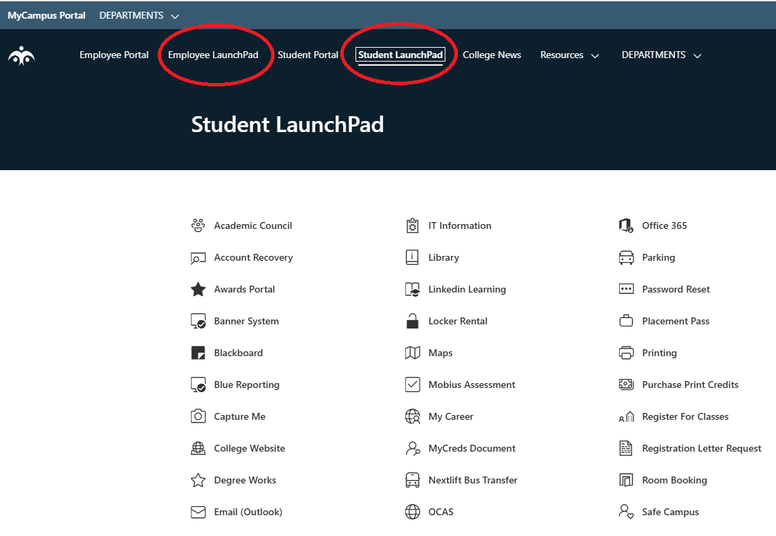 MyCampus Portal webpage with a dark navigation bar; red circles highlight Employee LaunchPad and the underlined Student LaunchPad link.