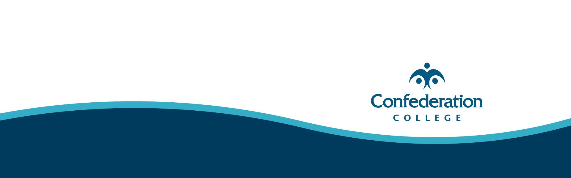 Confederation College logo on white and blue wave background