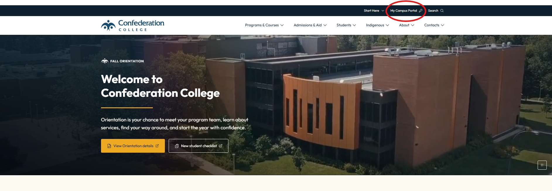 Confederation College homepage with My Campus Portal highlighted