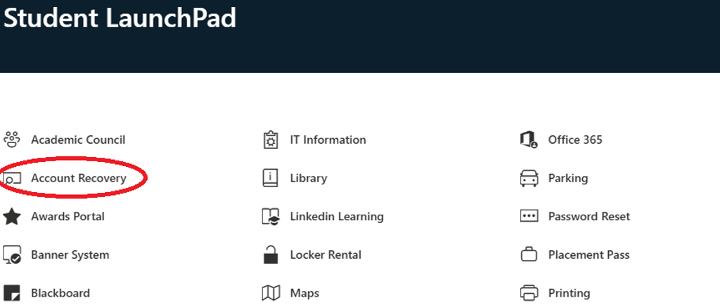 Student LaunchPad webpage with “Account Recovery” circled in red.