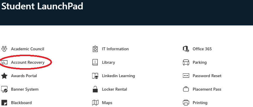 Student LaunchPad webpage with “Account Recovery” circled in red.