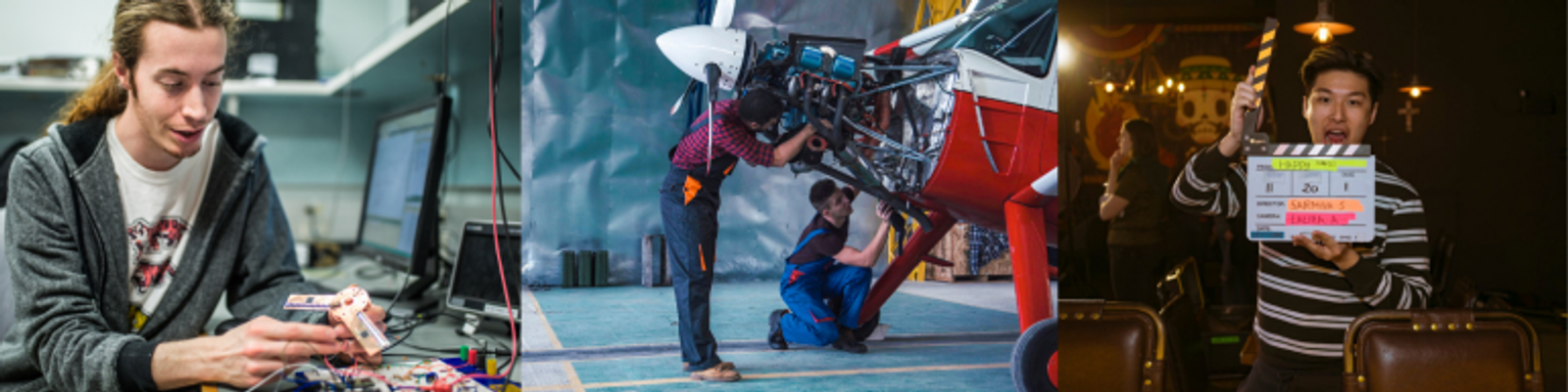 Students working in electronics, aviation, and film production settings