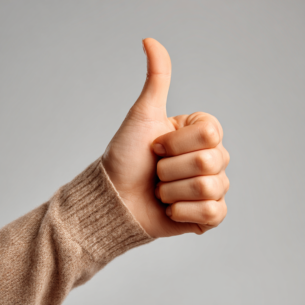Hand giving a thumbs-up gesture against a plain gray background