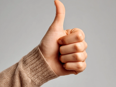 Hand giving a thumbs-up gesture against a plain gray background