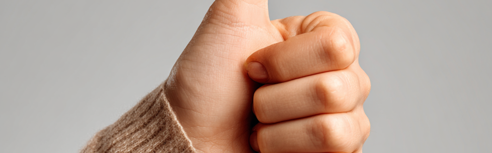 Hand giving a thumbs-up gesture against a plain gray background