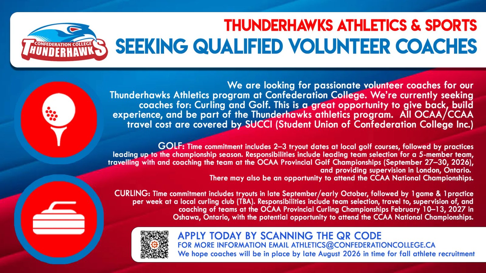 Thunderhawks Athletics seeks volunteer coaches for golf and curling teams at Confederation College
