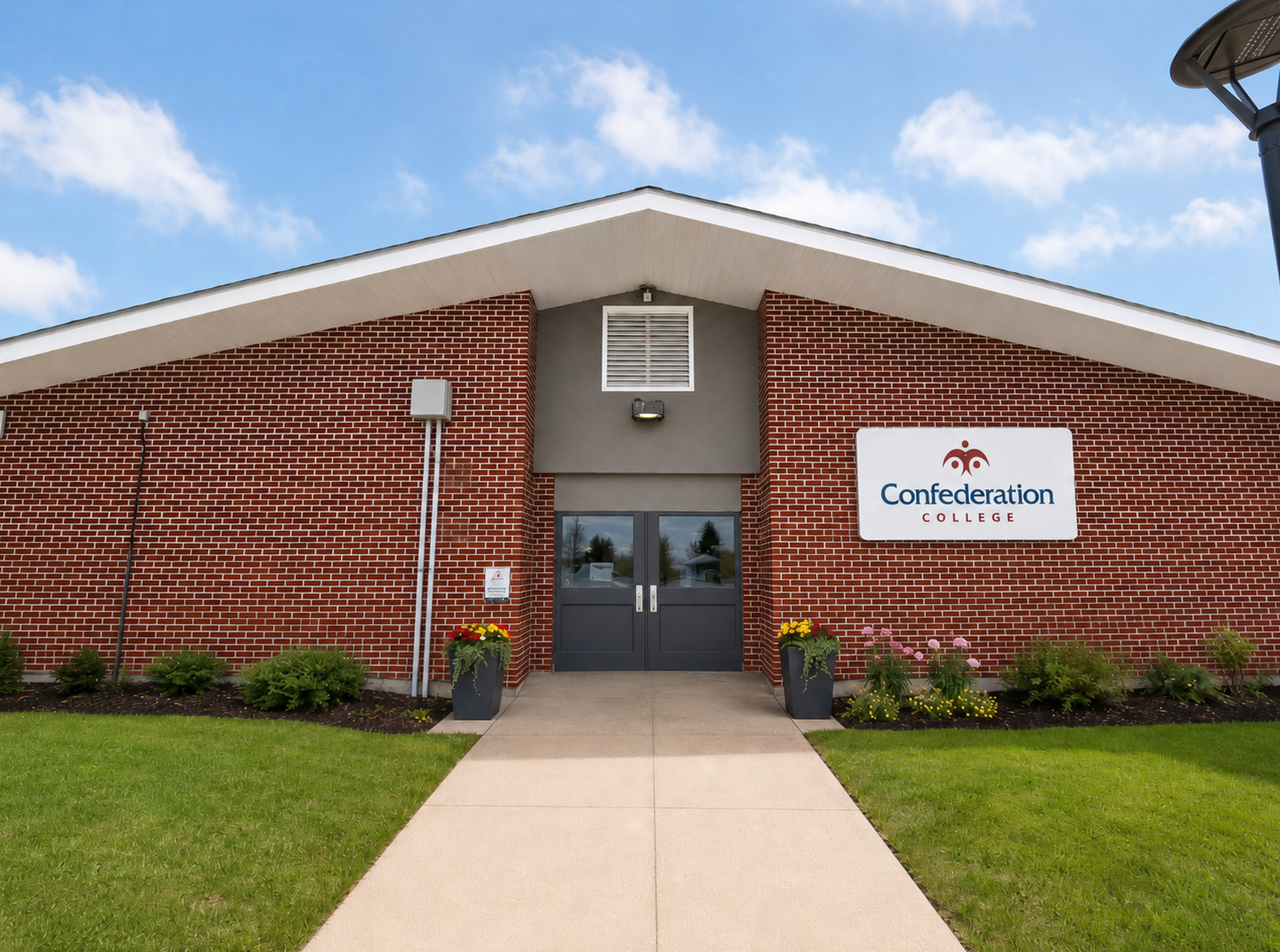 Greenstone Campus Front entrance of a red brick Confederation College building with a concrete walkway and flower planters