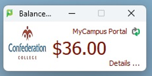 MyCampus Portal widget displaying a $36.00 account balance
