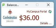 MyCampus Portal widget displaying a $36.00 account balance