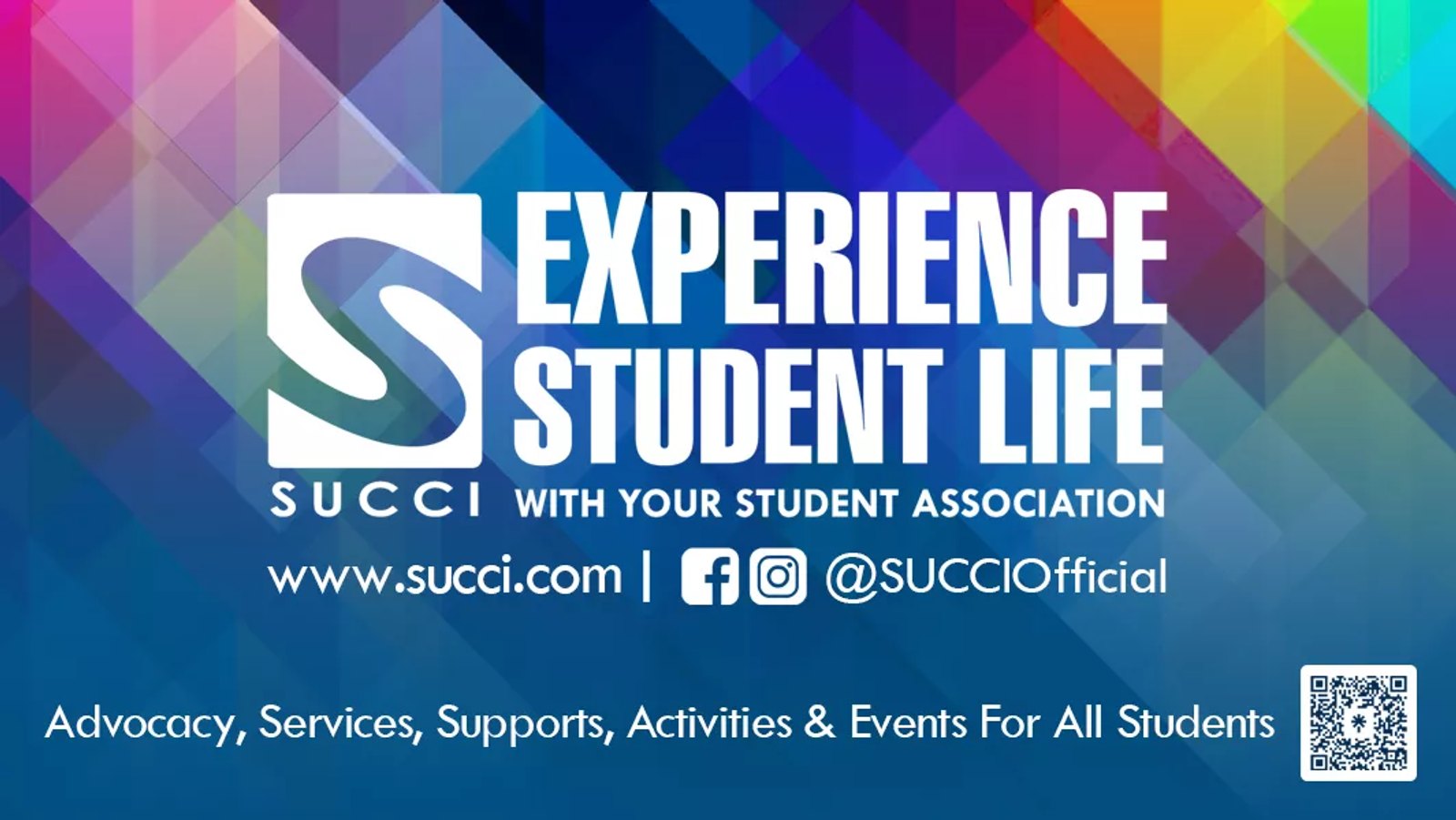 SUCCI banner promoting student life experiences and Student Association services.