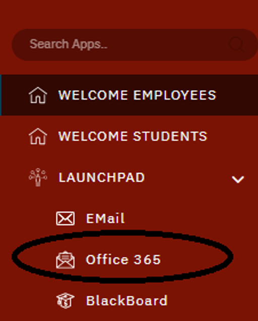 Navigation menu highlighting the Office 365 link under Launchpad