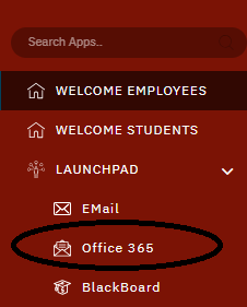 Navigation menu highlighting the Office 365 link under Launchpad