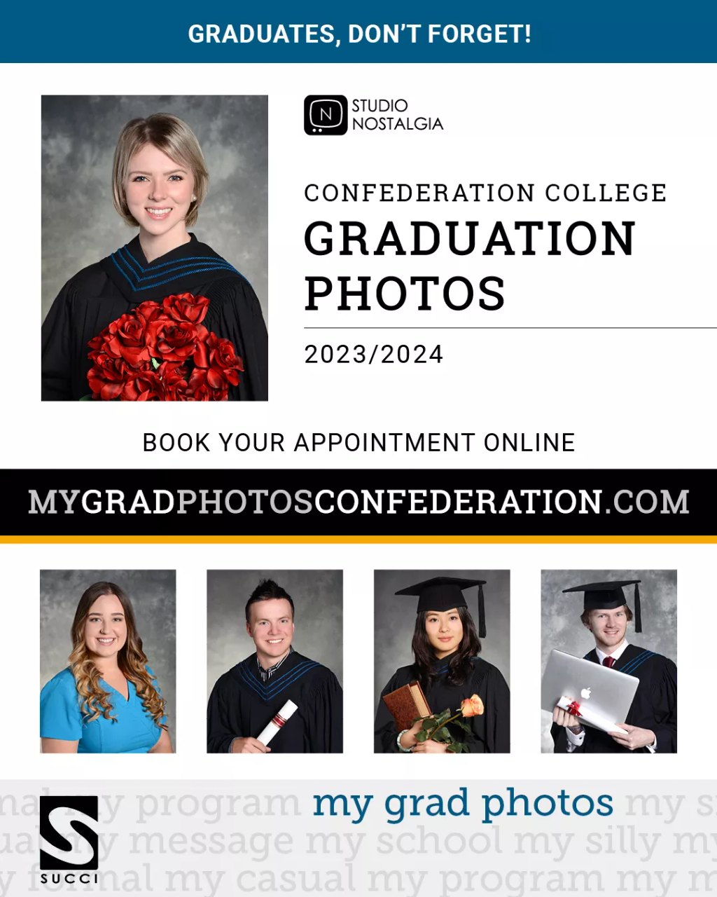 Promotional graphic advertising Confederation College graduation photos with booking website and sample graduate portraits