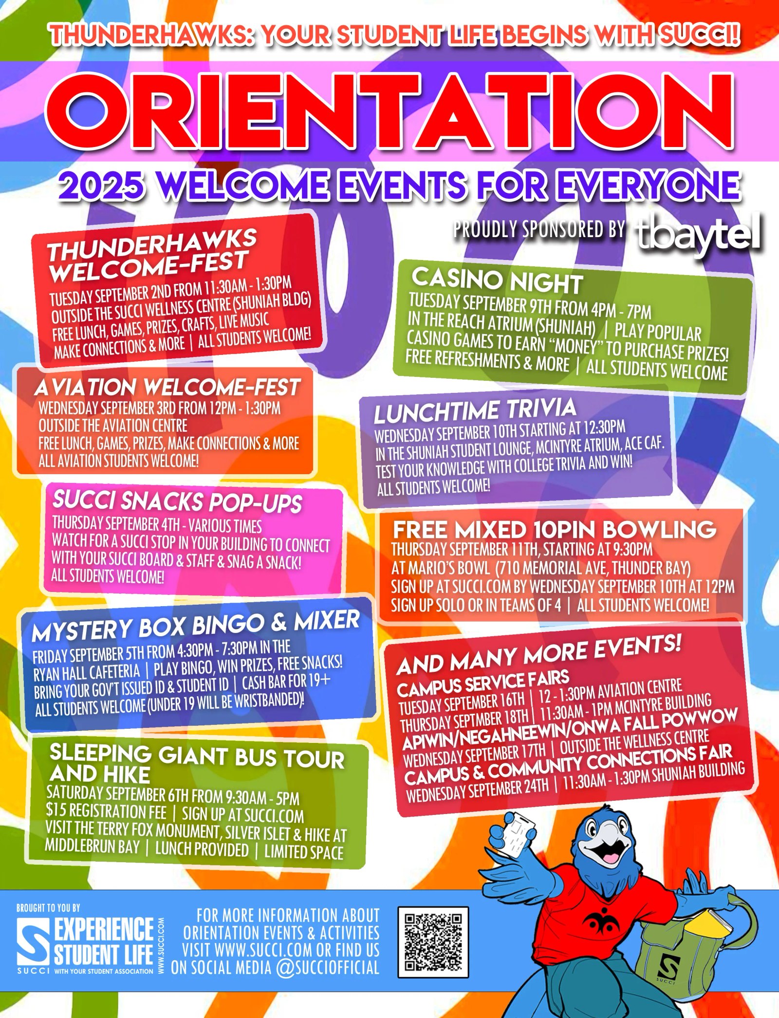 SUCCI Orientation 2025 poster listing welcome events, dates, and activities for new Thunderhawks students
