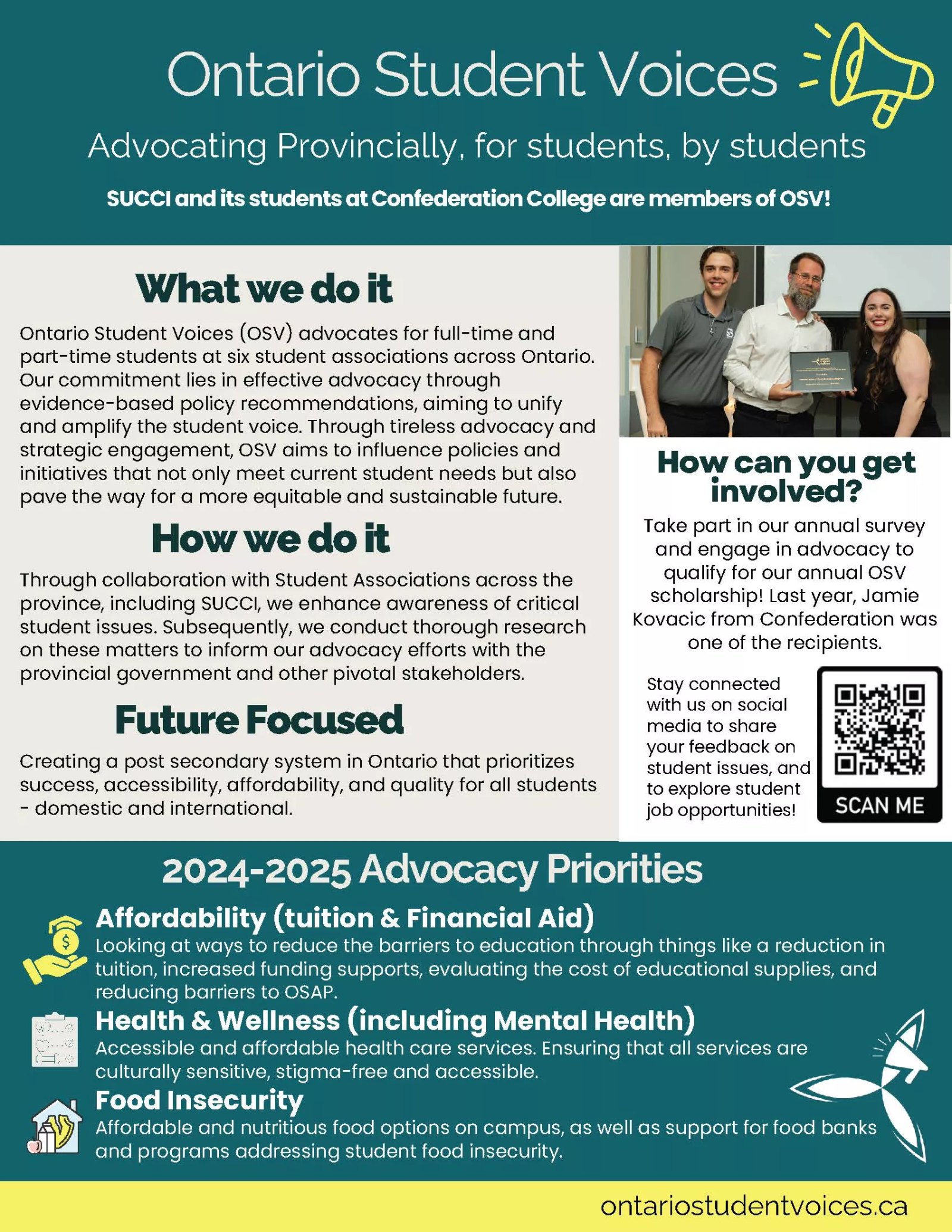 Ontario Student Voices poster explaining student advocacy work, priorities, and ways to get involved through SUCCI at Confederation College
